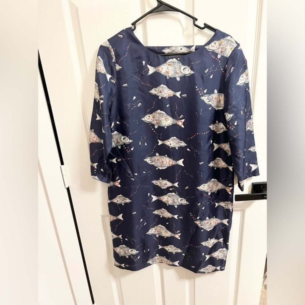 Vilagallo Womens 100% Silk V Neck Dress Fish Beach Picnic Print Size ES 42 US 8